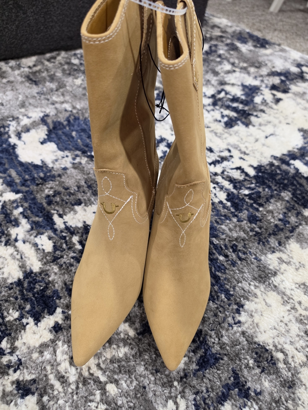True Religion Tan Pointed-Toe Mid-Calf Heeled Western Boots